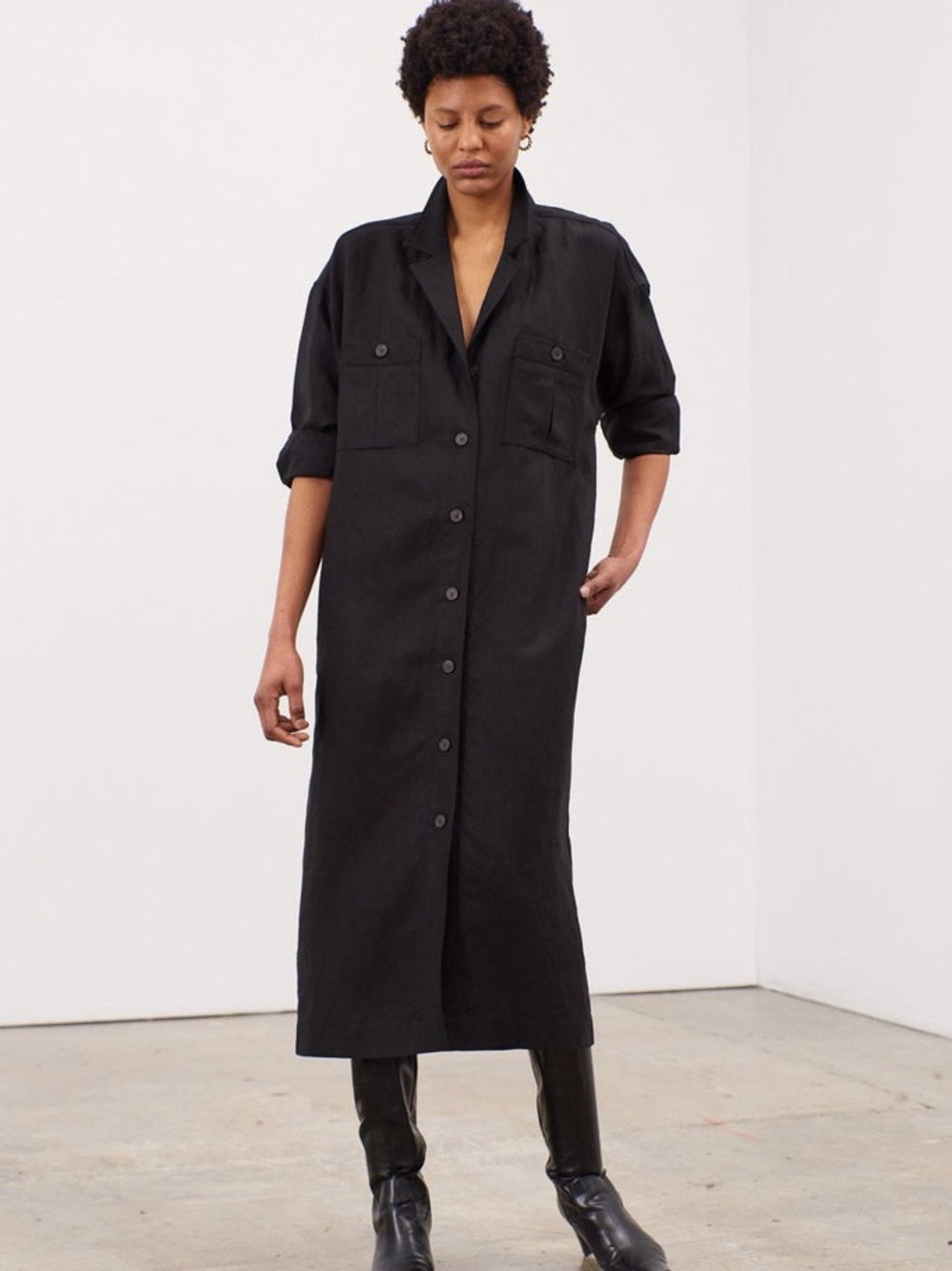 MARA HOFFMAN - Black Button-Front Midi Dress
